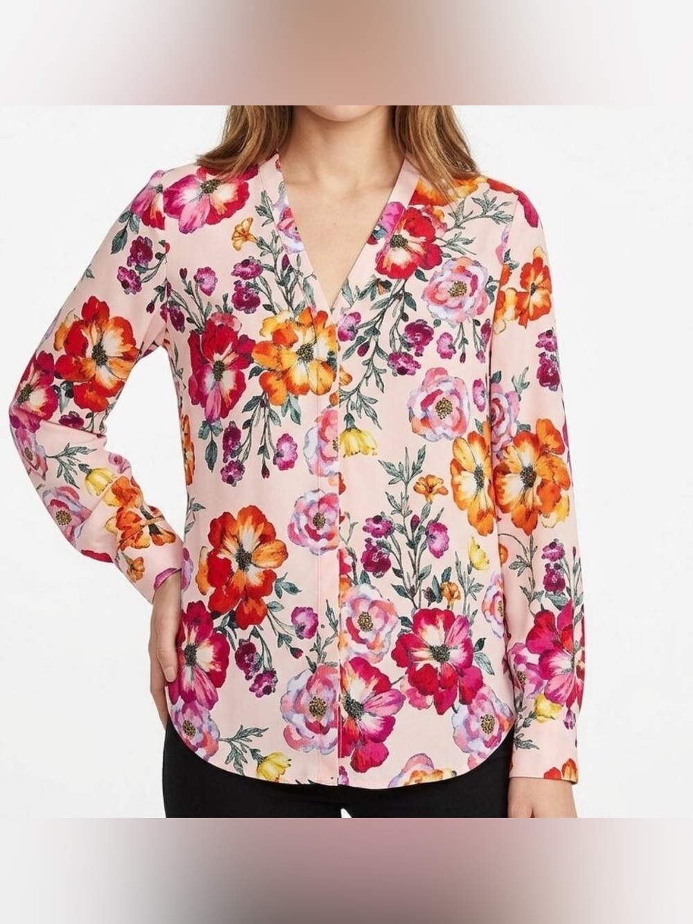 Express Portofino Slim Fit Floral Long-Sleeve Blouse XS